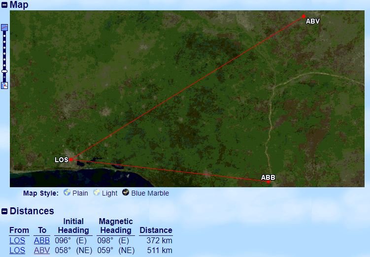 La ruta original era de LOS a ABV, sin embargo, el A320 acabó volando de LOS a ABB. Foto: Great Circle Mapper