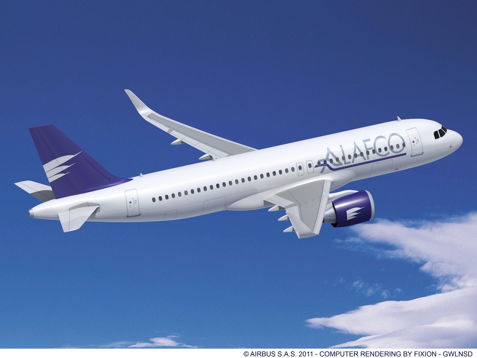 Recreación de 2011 de un Airbus A320NEO con los colores corporativos de ALAFCO. Foto: Airbus