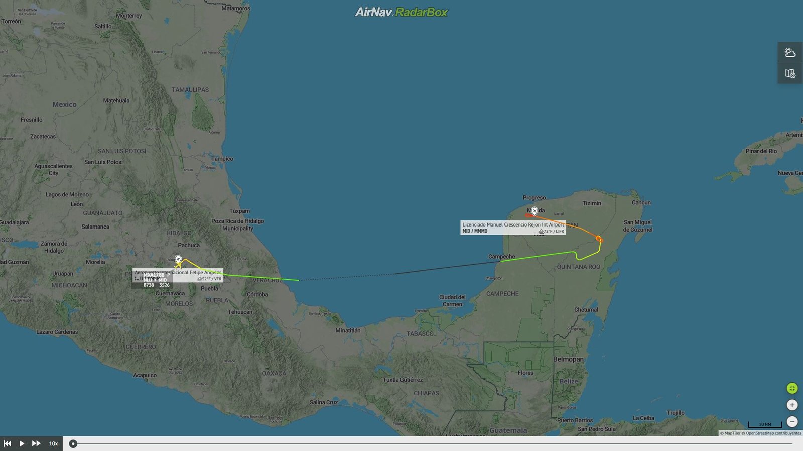 Ruta del primer vuelo de Mexicana de Aviación. Foto: RadarBox