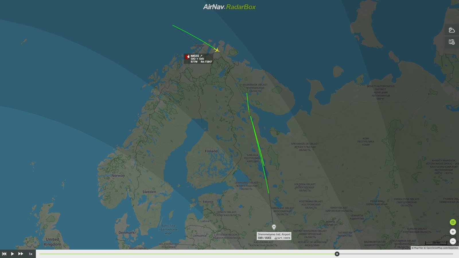 Ruta del vuelo N4555 sobrevolando Noruega en la vuelta a Moscú. Foto: RadarBox