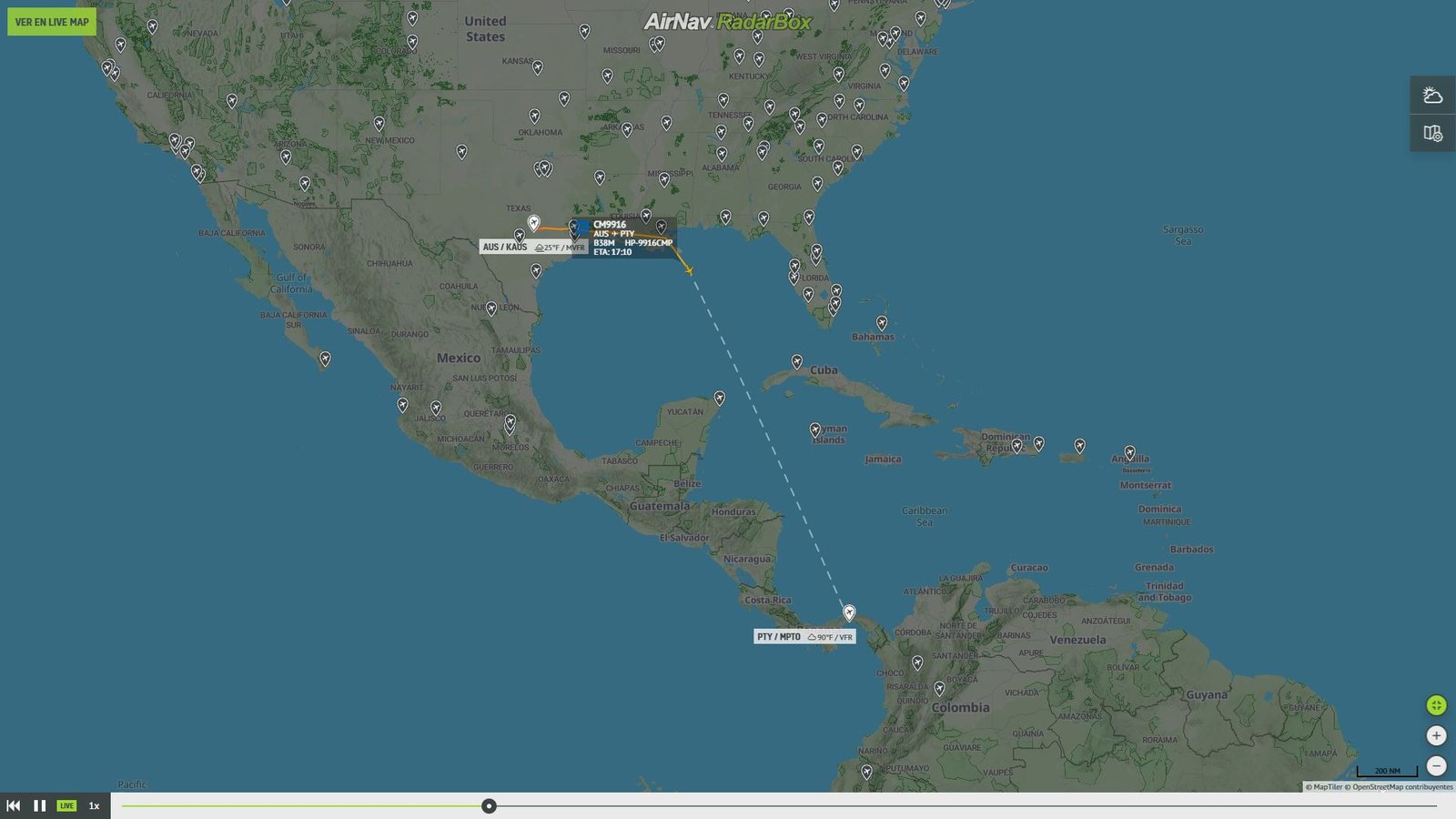 Ruta de vuelo del HP-9924CMP entre Austin y Panamá. Foto: RadarBox