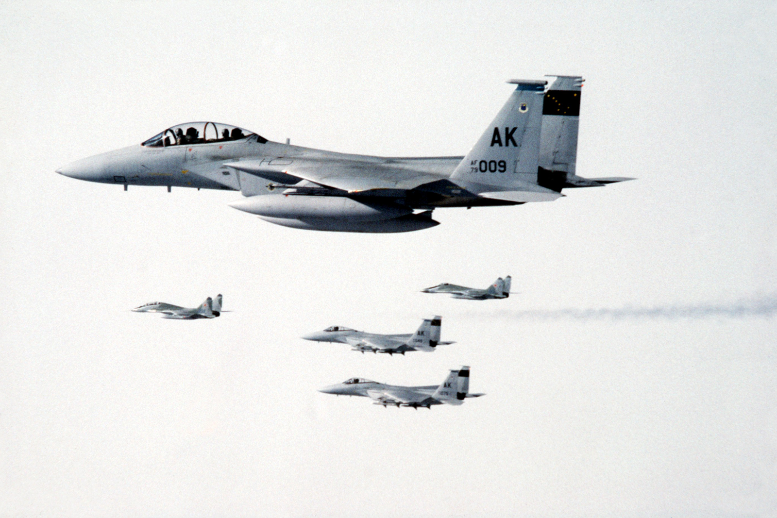 Imagen de los 2 MIG-29 y siendo escoltados por los 4 F-15 (el cuarto avión es desde el que se hizo la foto). Foto: Sgt. Gregory A. Suhay - USAF