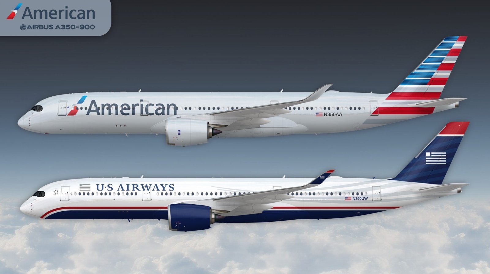 Render del Airbus A350 con las libreas de American Airlines (nueva) y US Airways. Autor: Brentmne