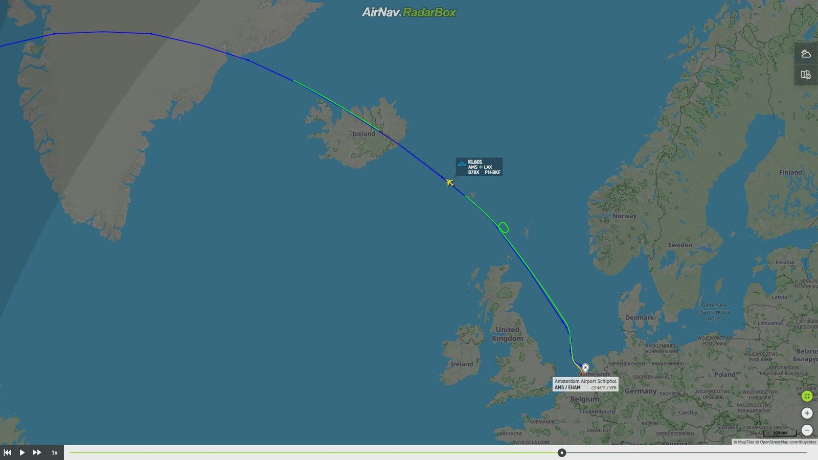 Ruta del vuelo del 787-10 de KLM. Foto: RadarBox