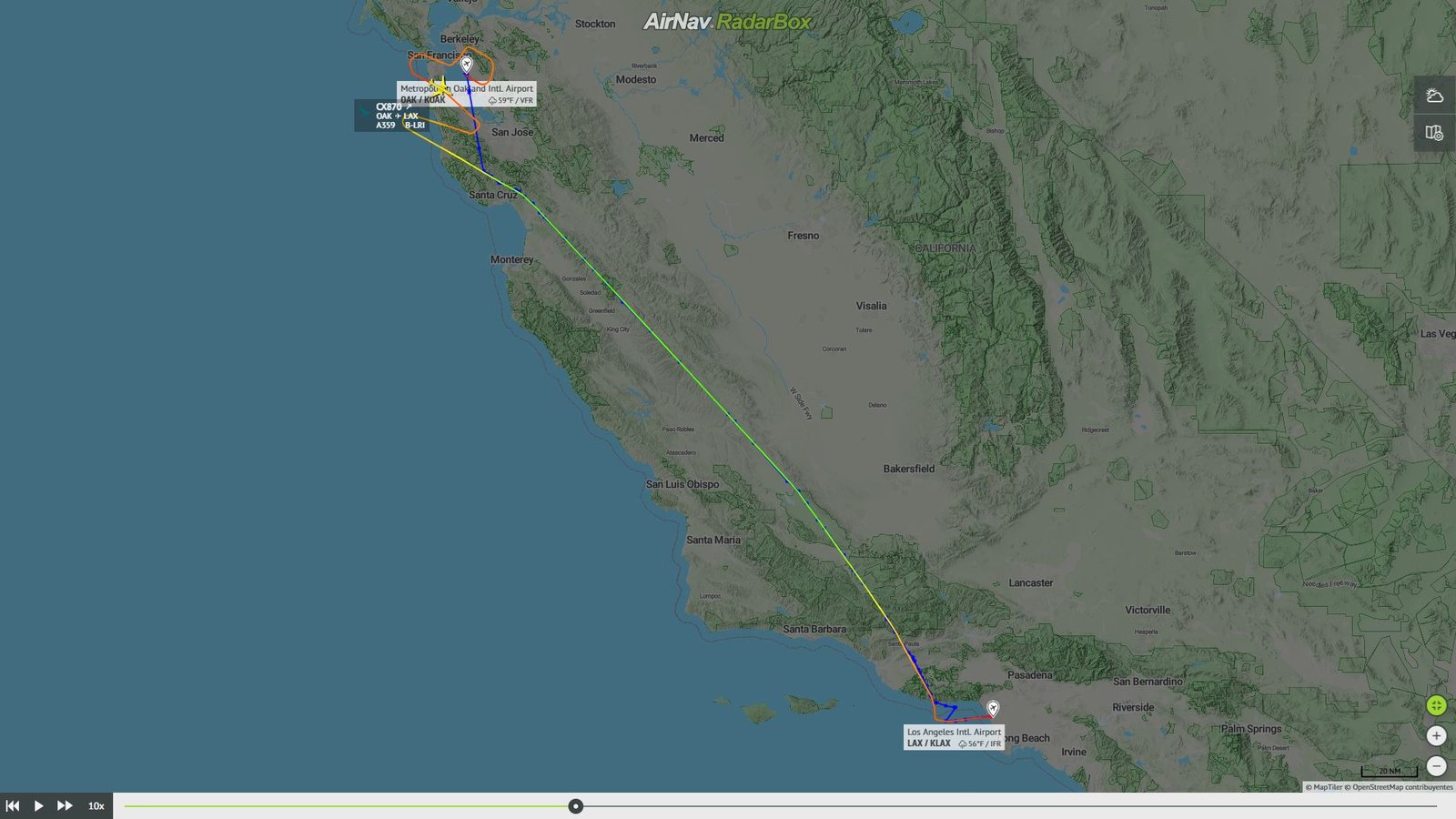 Segundo intento de aterrizaje en SFO y desvío a LAX. Foto: RadarBox