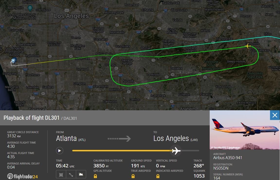 Ruta de vuelo de la aproximación final del A350 de Delta a Los Ángeles. Foto: FlightRadar24