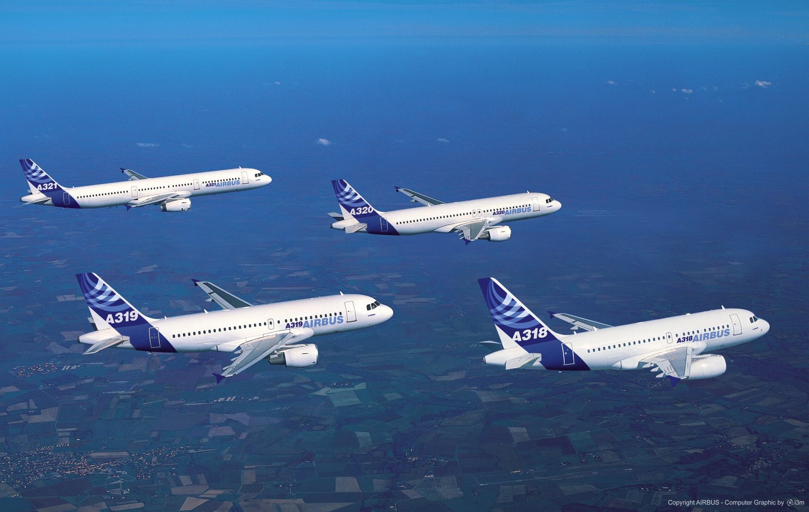 El A318, A319, A320 y A321 de la primera generación en vuelo. Foto: Airbus