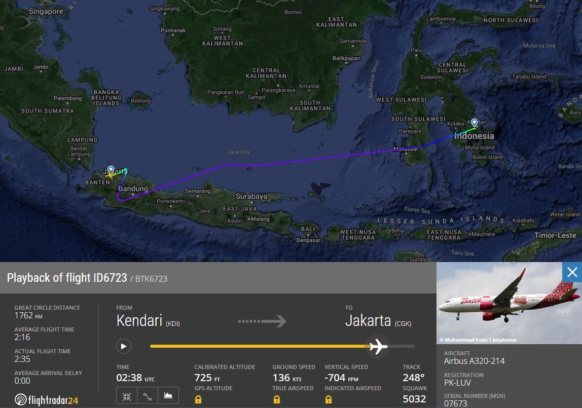 El A320 se había desviado de su rumbo, obligando a la tripulación a corregir el rumbo para poder aterrizar en Jakarta. Foto: FlightRadar24
