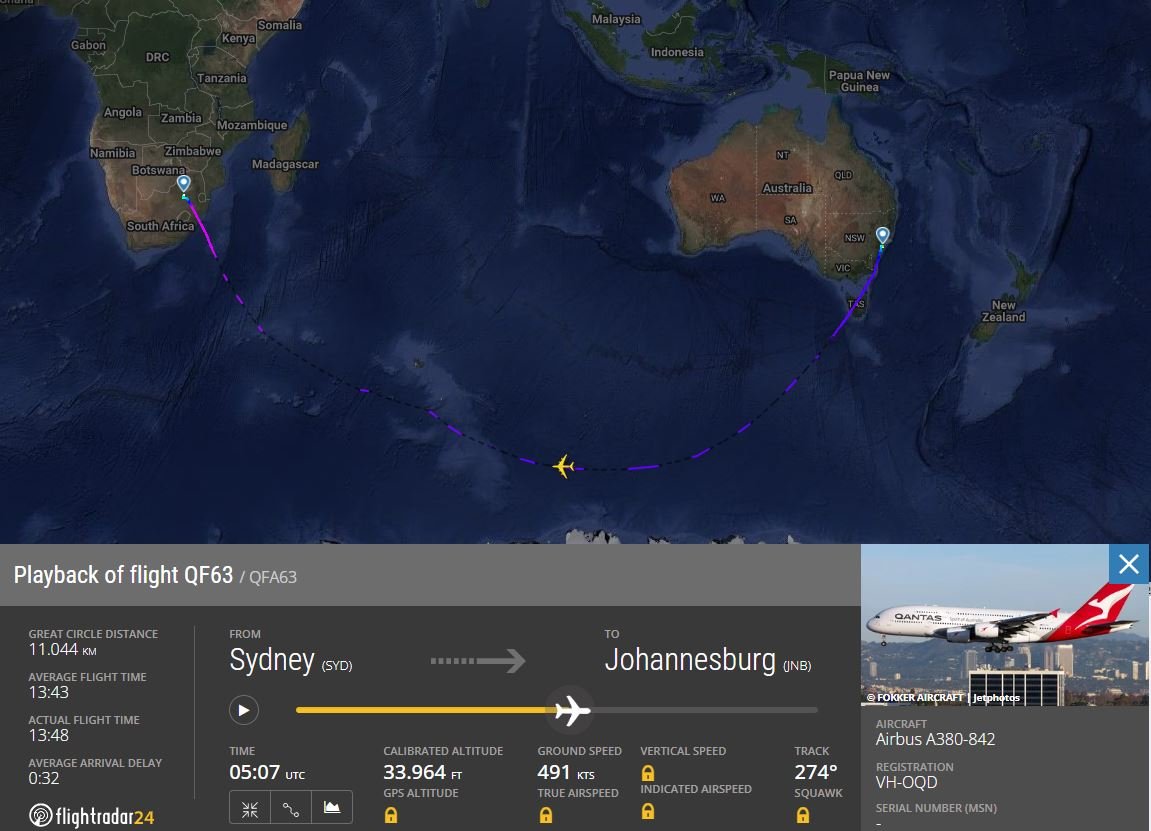 Ruta del vuelo QF63 del pasado 13 de enero. Foto: FlightRadar24