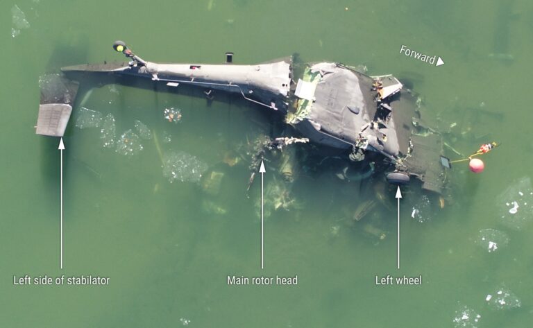 Situación del helicóptero después del accidente. Foto: NTSB